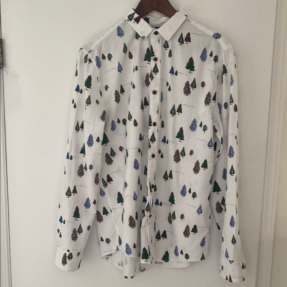 SIMONS slim fit cotton long sleeved White Shirt w Pine Tree pattern Size Medium